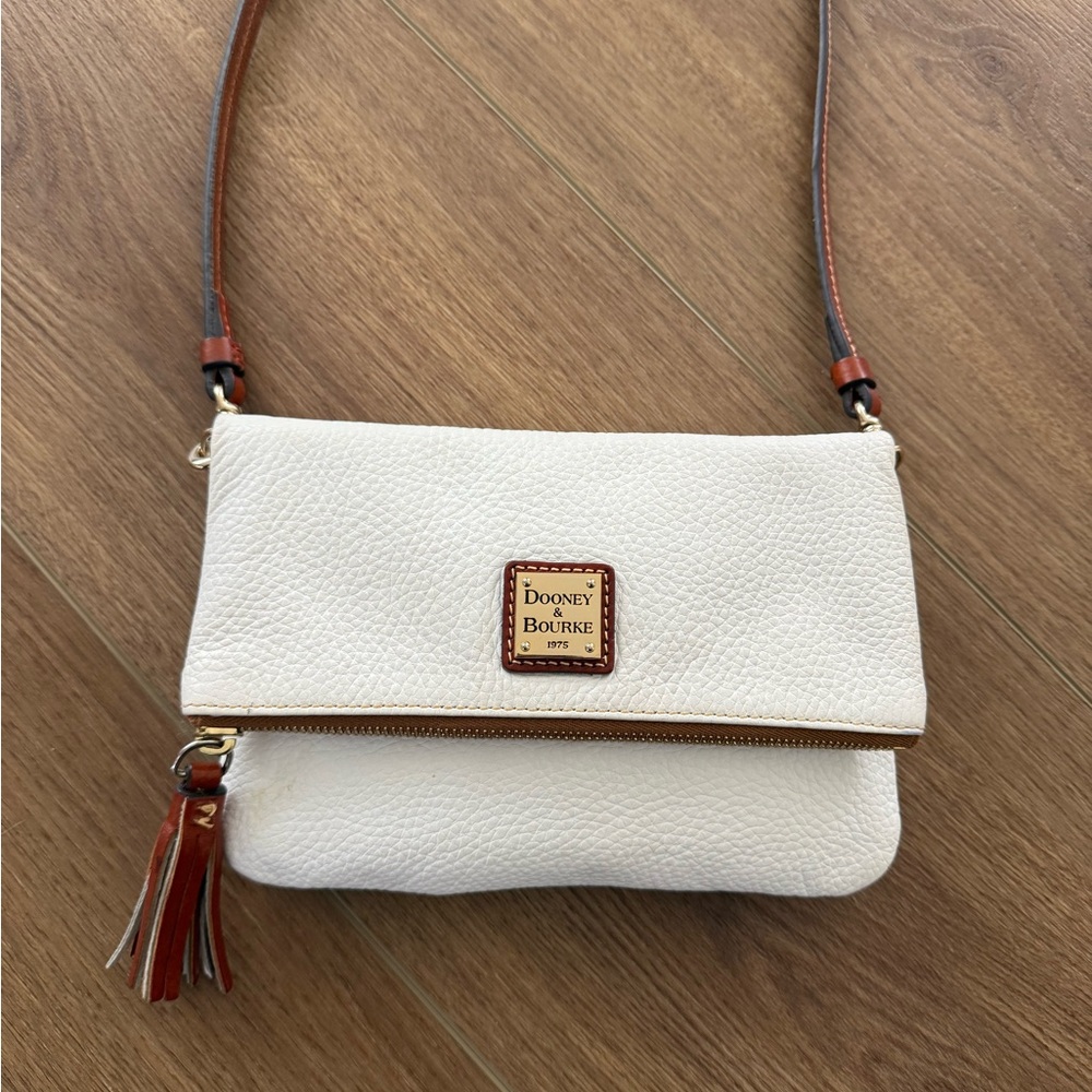 Dooney & Bourne Fold-Over Zip White Leather Crossbody Satchel Purse